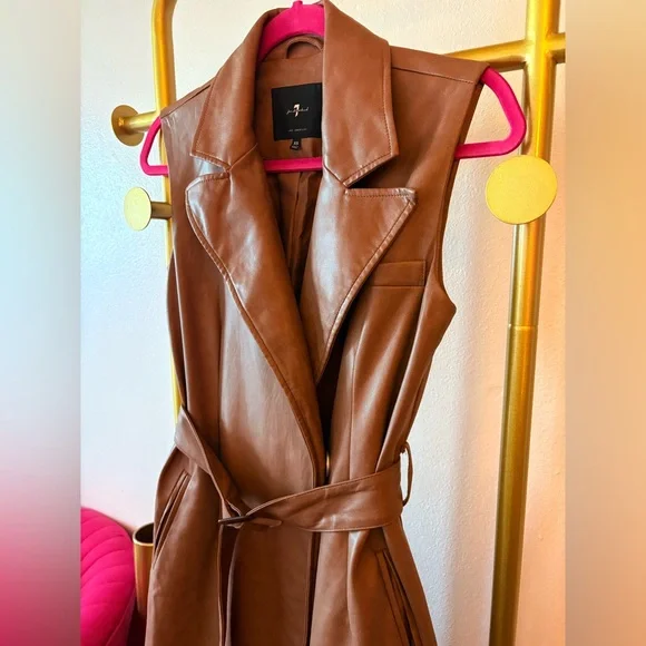 7 For All Mankind Sleeveless Faux-Leather Trench Vest/Jacket in Brown/Tan Color - Picture 5 of 13